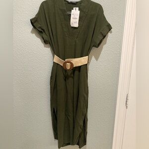 ZARA XS Linen Blend V-Neck Dress NWT